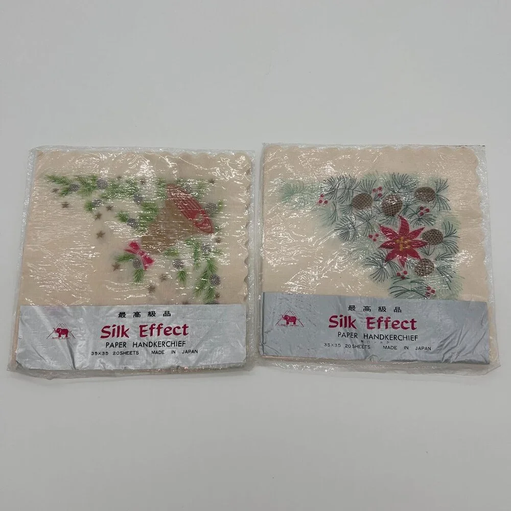 Rice Paper Luncheon Napkins Silk Effect Japan‎ vintage Christmas Holly Candles